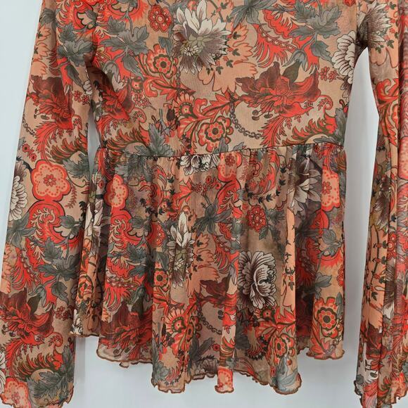 SHEIN Women's Mesh Sheer Floral Paisley Boho Bell Sleeve V Neck Top Size Small - Picture 8 of 11